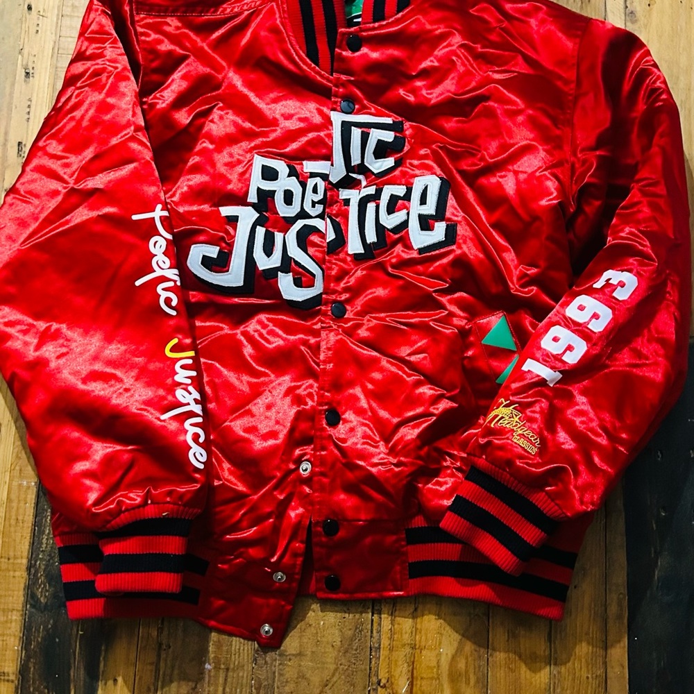 Red Satin Bomber Jacket with Graphic Details - Unbranded